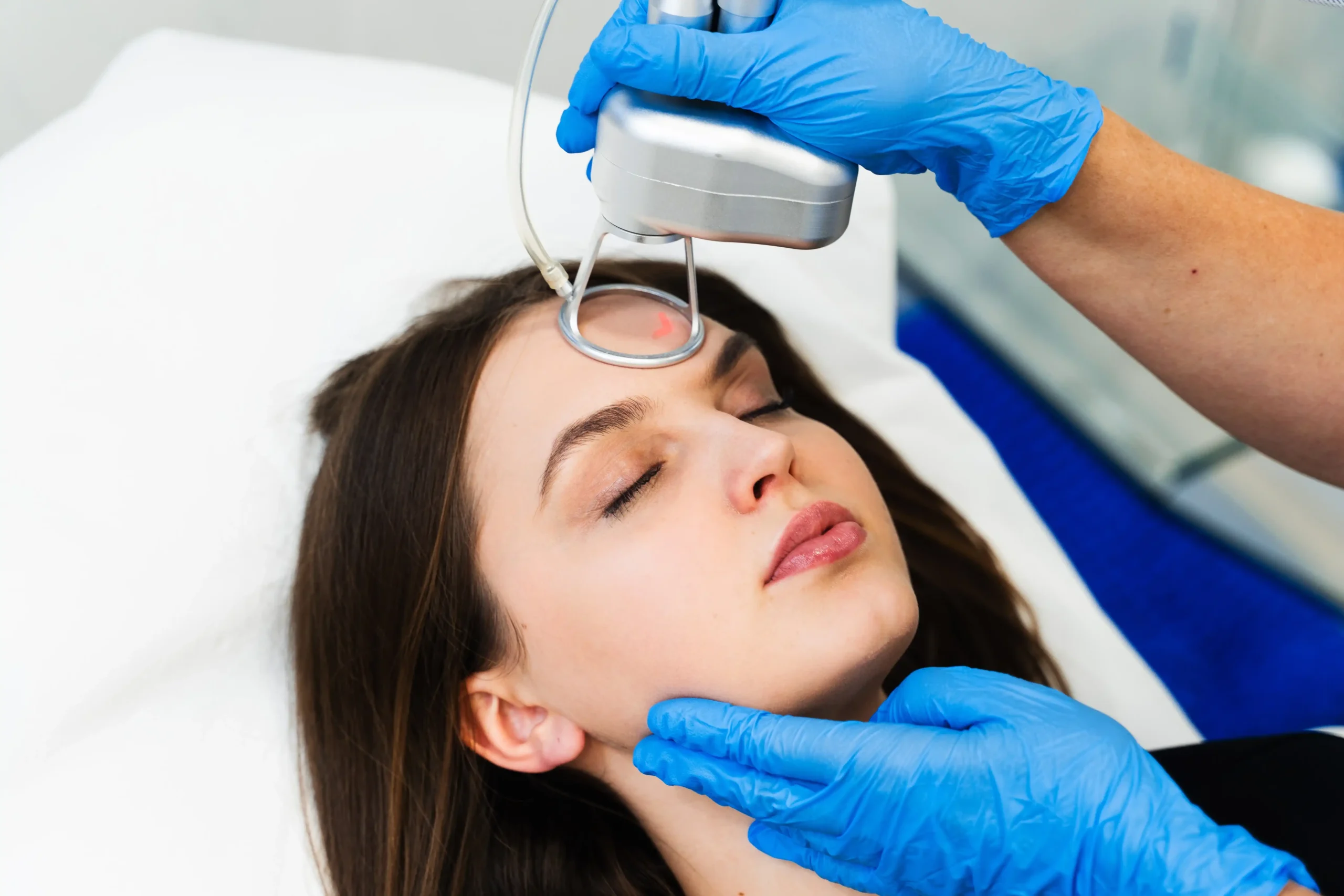 Aesthetic provider using a CO₂ laser device on a woman's forehead during a CO₂ Laser Plus Facial at Essential Aesthetics & Health in Fort Lauderdale, FL.