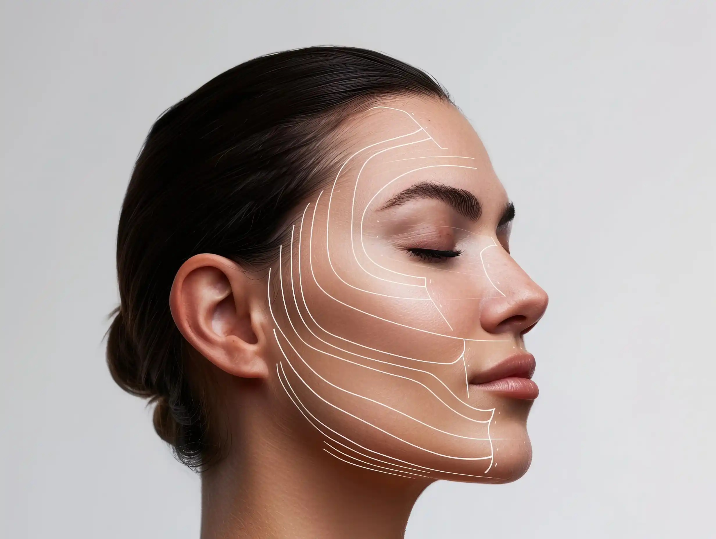 Illustration showing QuantumRF skin tightening treatment areas on a woman's face at Essential Aesthetics & Health in Fort Lauderdale, FL.